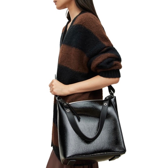 AllSaints Leather Convertible Crossbody Bag NWT Black Shine - Picture 7 of 7